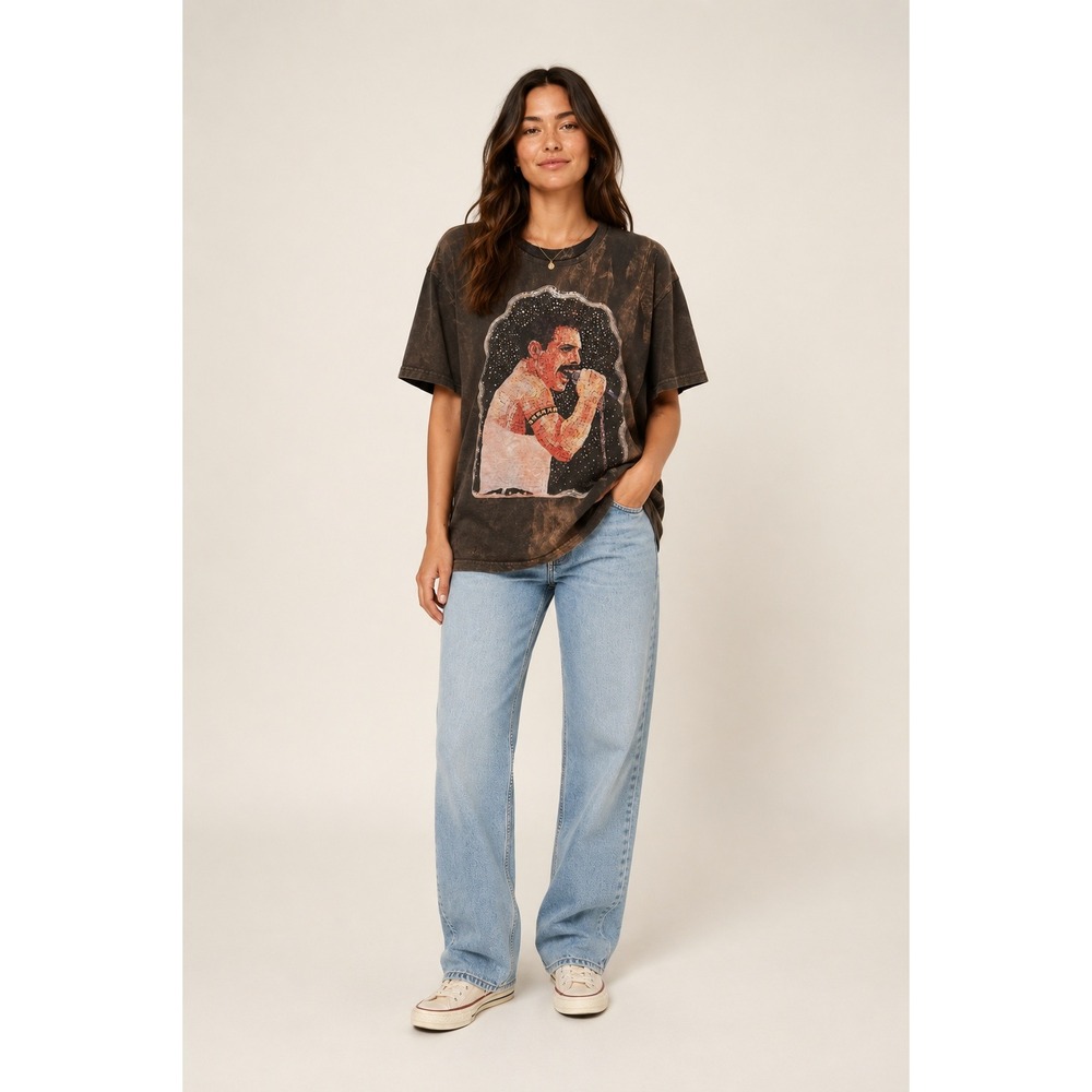 No Time Freddie Mercury Mosaic Graphic T-Shirt Acid Wash Brown Large